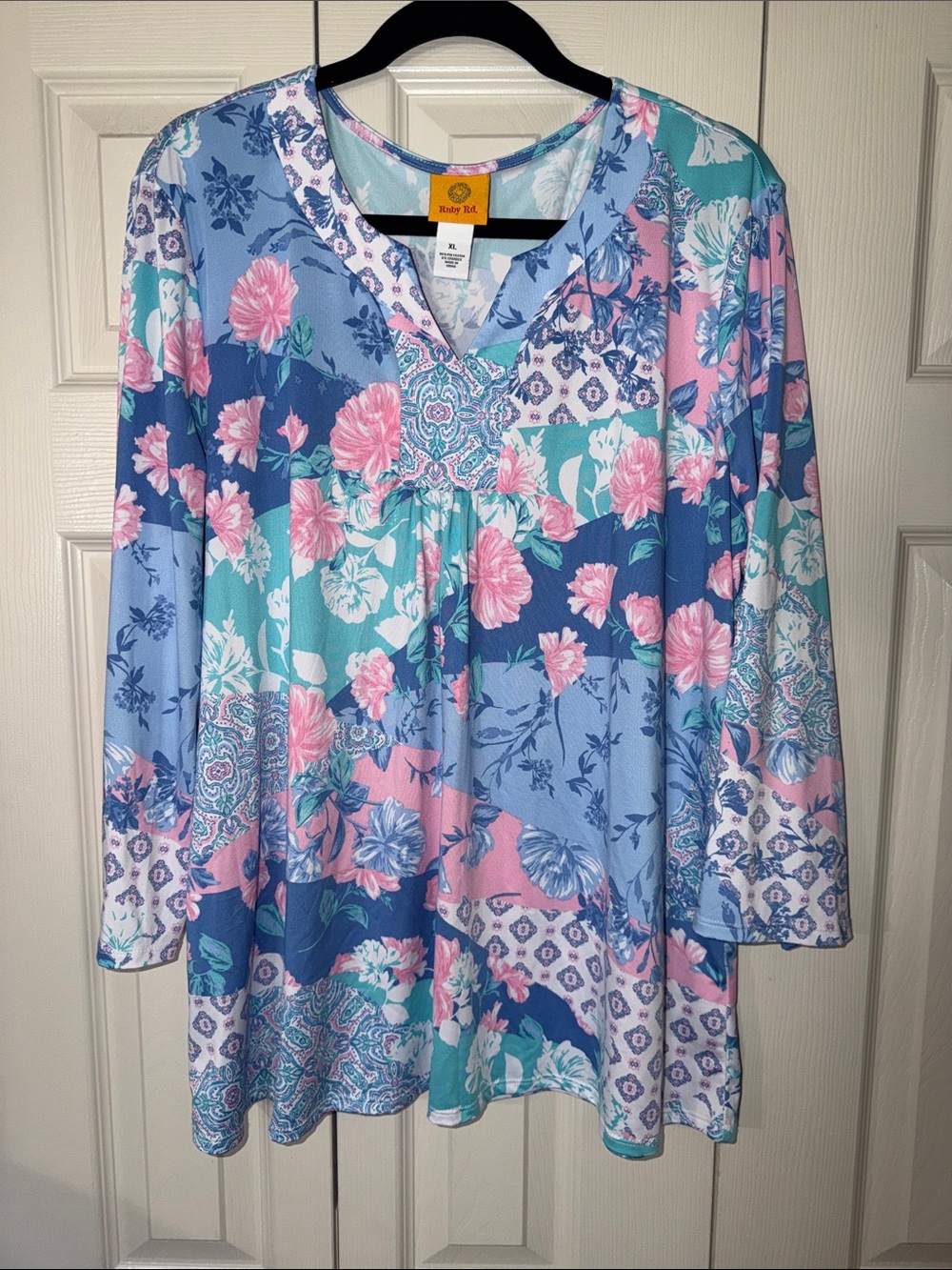 Ruby Rd. Floral Patchwork V-Neck Tunic in Blue, Pink & Teal